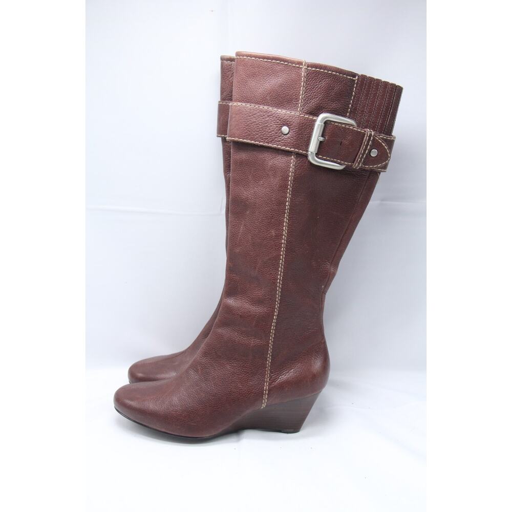 Fossil Maddox Boots Womens 7.5 Buckle Wedge Tall Zip Brown Pebble Grain Leather